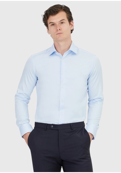 Ramsey Koyu Mavi Düz Slim Fit Uzun Dokuma Klasik %100 Pamuk Gömlek