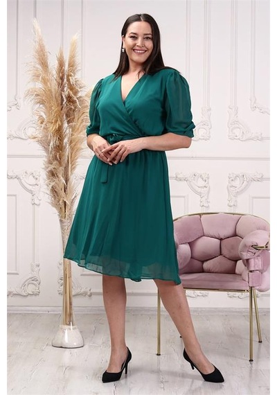 Neşeli Butik Kadın Yeşil Kruvaze Yaka Midi Boy Büyük Beden Şifon Elbise Nb8062 Yeşil