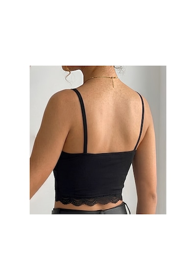 Panivue Kaşkorse Dantel Detaylı Dolgulu Pedli Crop Büstiyer Siyah