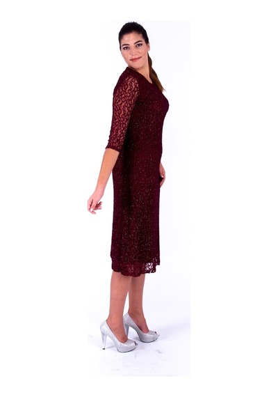 Nidya Moda Büyük Beden Kadın Bordo Dantel Abiye Elbise-4036Yb Bordo