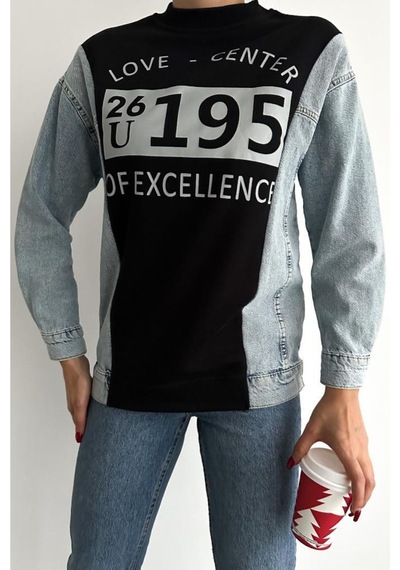 Femelle Kadın Baskılı Kolu Kot Içi Şardonlu Pamuk Sweatshirt siyah