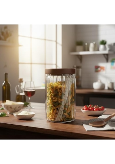 Akasya Kapaklı Çizgili Cam Kavanoz 750 Ml Hava Geçirmez, Modern Fitilli Tasarım Gıda Saklama Kabı Bakliyat, Diğer