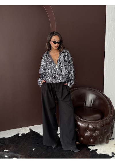 Verymoda Payetli Oversize Kadın Ceket Fermuarlı Işıltılı Şık Üst F2026 Siyah Gümüş