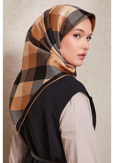 Levidor Noktalı Kareli Bask. Twill İpek Eşarp-0934 Sütlü Kahve