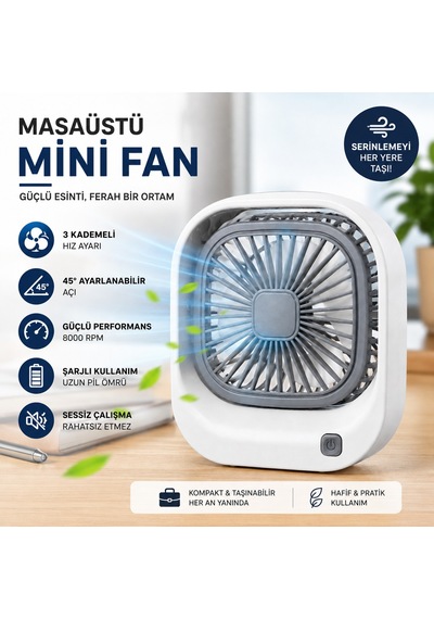 Masaüstü Mini Fan Şarjlı Sessiz Taşınabilir Fan, 3 Kademeli Hız Ayarı, 45 Ayarlanabilir Açılı Kompakt Masa Fanı, 8000 Rpm Güçlü Üfleme, Ofis Laptop Çalışma Masası İçin