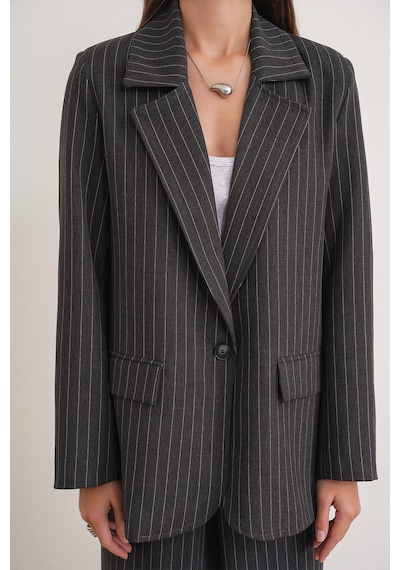 Mixray 4753 Kadın Çizgili Oversize Blazer Ceket Antrasit