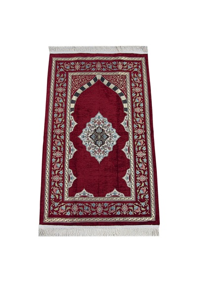Bordo Çiçek Motifli Mihraplı Astarlı Şönil Seccade 001