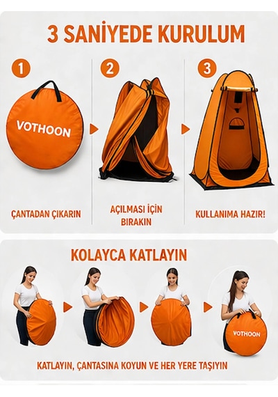 Otomatik Kabin Giyinme Çadırı 120x120x190 Cm Üst Havalandırma Yan Pencereli Duş & Wc Çadırı Turuncu