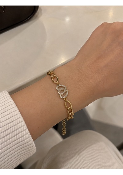 Kadın Gold Zincir Bileklik Taşlı Üçlü Halka Detaylı Ayarlanabilir Bileklik Altın