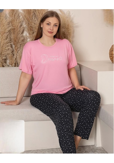 Sude Charme Kadın Büyük Beden Bisiklet Yaka Milan Likralı Kısa Kol Pijama Takımı K601/247 - 1 Adet Pembe Sude Charme Kadın Büyük Beden Bisiklet Yaka Milan Likralı Kısa Kol Pijama Takımı K601/247 - 1 Adet Pembe