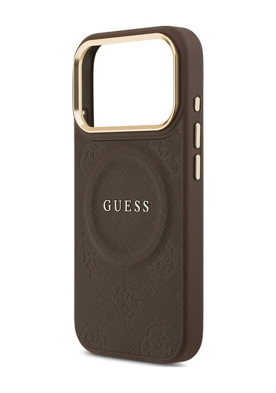 Apple Uyumlu iPhone 17 Pro Kılıf Guess Lisanslı M-safeli Sıcak Baskı Yazı Logolu Pu Deri Peony Kahverengi Kahverengi