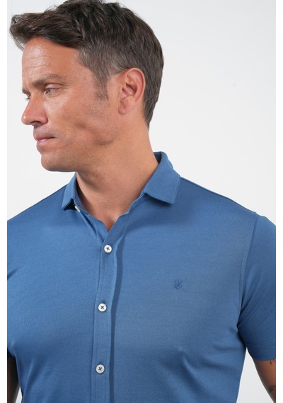 İmza İndigo İtalyan Yaka Kısa Kol Cepsiz Slim Fit Pamuklu Gömlek 1004260158 Koyu İndigo Mavi