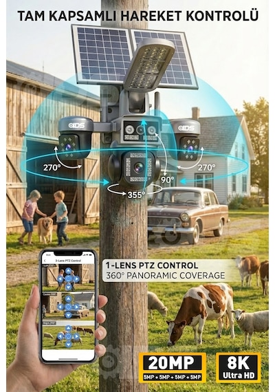 20mp 8k 4 Kamera 1 Otomatik 100gb İnternet Ve 128gb Sd Kart Dahil 4g Solar Güneş Enerjili Kamera