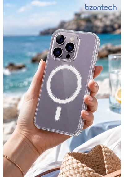 İphone 14 Pro Max Uyumlu Yumuşak Magsafe Kablosuz Şarj Destekli Şeffaf Kılıf Kamera İçin Yükseltilmiş Çerçeve