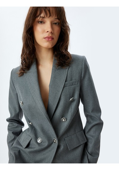 Koton Kruvaze Blazer Ceket Kalça Boy Kapaklı Çift Cep Gri 5wak50149uw Gri