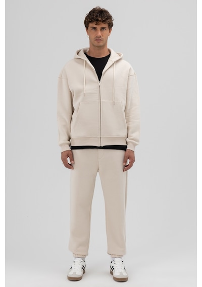Vamos Basic Fermuarlı Oversize Kapüşonlu Sweatshirt Taş