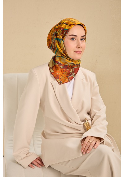 Silk Home Twill İpek Eşarp 11512-07 Koyu Turuncu Art Desen Koyu Turuncu