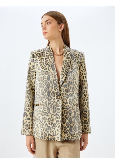 Koton Viskon Düğmeli Cepli Kruvaze Leopar Desenli Blazer Ceket Siyah Desenli 5wak50140uw Siyah