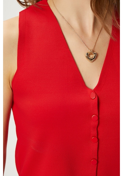 Ritnice Kadın Petite Çıtçıtlı Crop Kırmızı Triko Yelek Kırmızı
