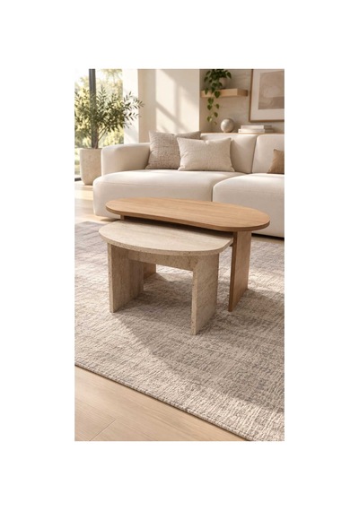 Katmanlı Tasarım Oval İkili Salon Orta Sehpası Ekonomik Demonte Servis Sehbası Orta Sehpa Ahşap-traverten - 935220333 Ahşap-traverten