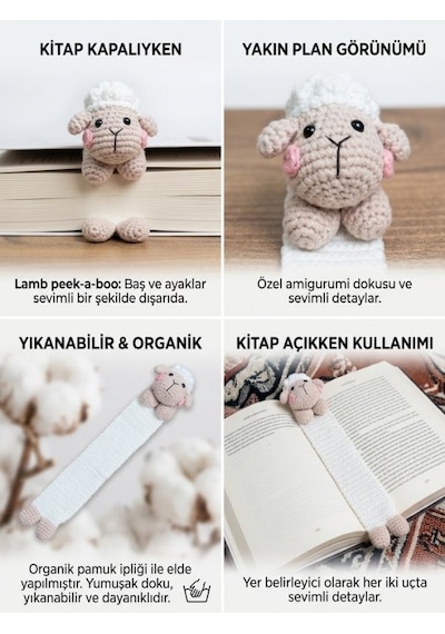 Amigurumi Kuzu Figürlü Pamuklu Kitap Ayracı Yüksek Kaliteli Malzeme, Detaylı İnce İşçilik