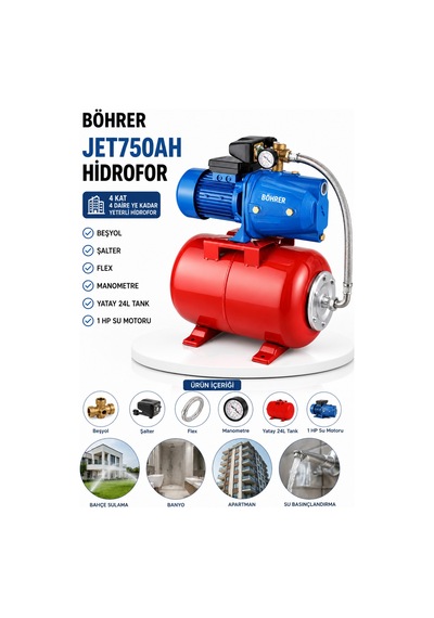 Böhrer Ba011425 4 Kat 4 Daire Kadar Uygun 1 Hp 24l Otomatik Aç Kapa Hidrofor - Bakır Sargılı