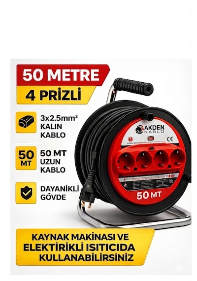 Kablo 50 Metre 3x2,5mm Makaralı Uzatma Kablosu Tam Kesit Kaynak Makinası Kullanıma Uygundur 50 M