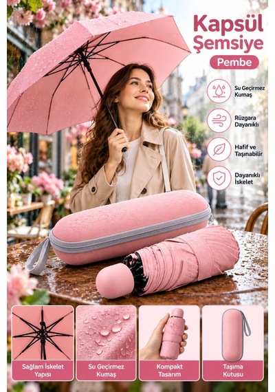 Günlük Kullanım İçin Pembe Kapsül Şemsiye Kompakt Tasarım Kolay Taşıma Özelliği Belirtilmemiş