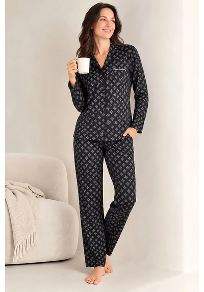 Pierre Cardin Gömlek Yaka Modal Kadın Pijama Takımı Siyah