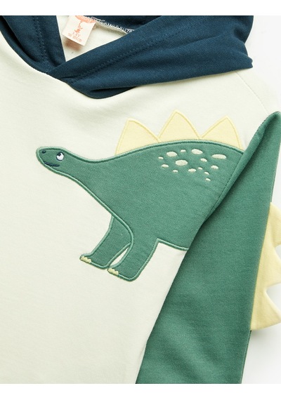 Koton Uzun Kollu Pamuklu Şardonlu Dinozor Baskılı Kapşonlu Sweatshirt Ekru 7wmb10012tk