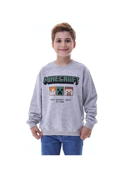 Minecraft Baskılı Erkek Çocuk Sweatshirt Gri Gamer Oyun Temalı Gri