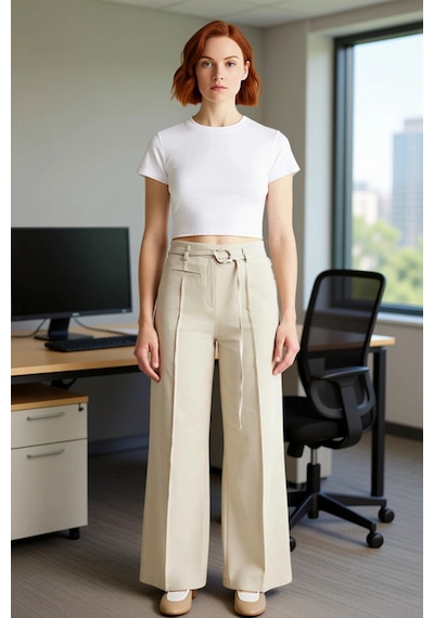 Ersefa Kadın Yüksek Bel Wide Leg Gabardin Pantolon Fonksiyonel Dayanıklı Ekru