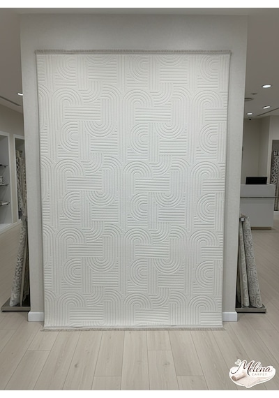 Konak Halı Modern Salon Halısı Premium Seri Krem Emboss Kabartmalı Saçaklı Kaymaz Taban Krem