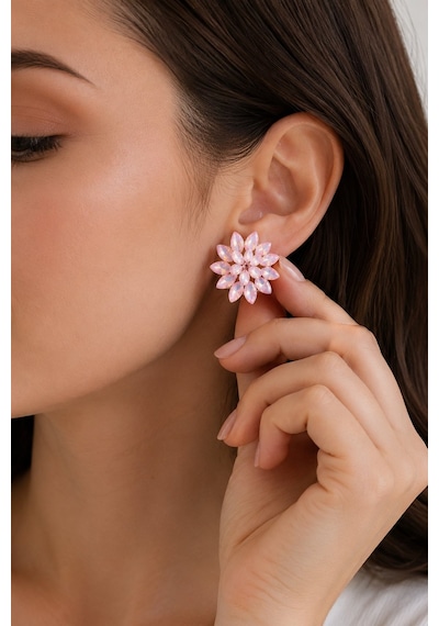 Pembe Renk Kristal Taşlı Çiçek Model Kadın Küpe Çok Renkli 20539861