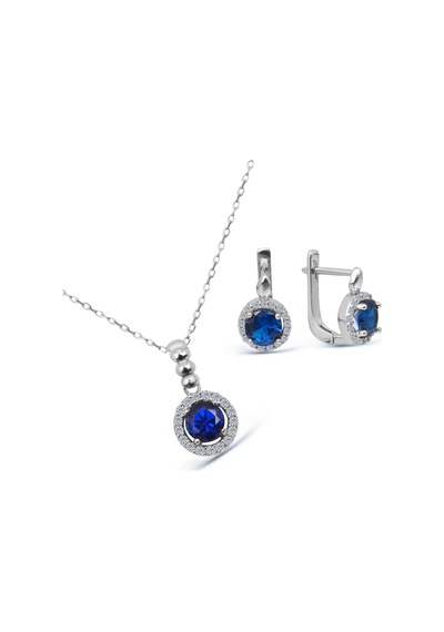 Kuyumcudukkani"yuvarlak Safir Renktaşlı"küpe Ve Kolye Seti- 24126-w-blu Beyaz