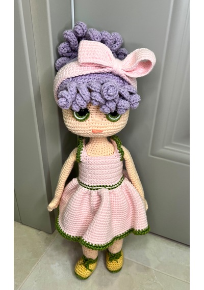 El Yapımı Amigurimi Bukle Lila Saçlı Kız Bebek&hediyelik Oyuncak 38 Cm