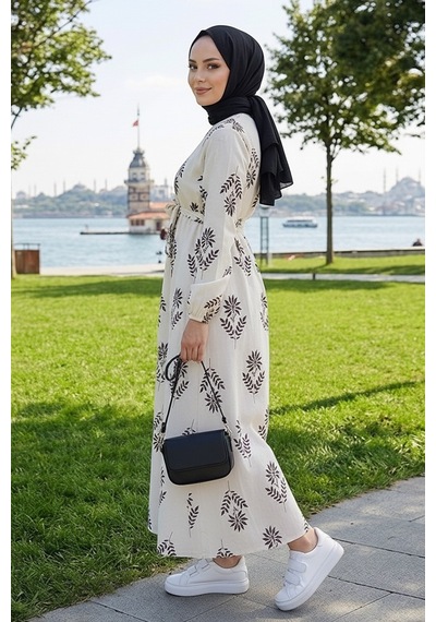 Bestenur Mayra Desenli Keten Elbise 1717 - Siyah
