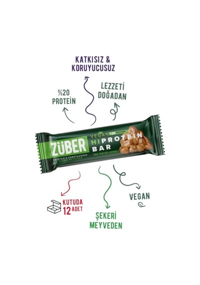 Züber Vegan Fıstık Ezmeli Yüksek Protein Bar 45g X 12 Adet