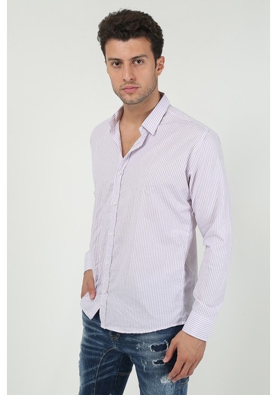 Erkek Kalın Dik Çizgili Uzun Kollu Slim Fit Gömlek 21y-4300599 Lila Lila