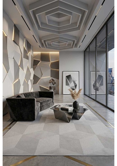 Geometrik Küp Desenli Prato İpeksi Lüks Viskon Halı Pr01 Gri Gri-krem