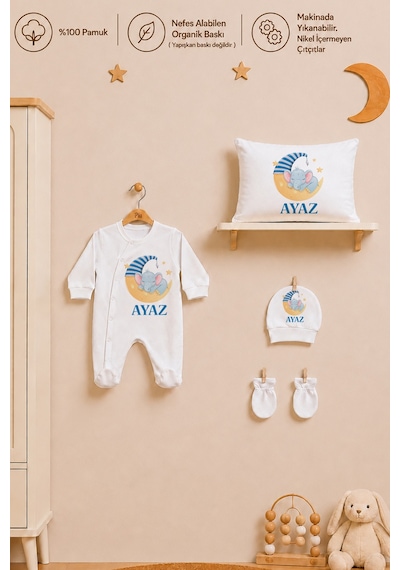 Pia Baby Erkek Bebek Hastane Çıkışı Tulum Seti %100 Pamuk İsimli Organik Baskı Yastık Kılıfı Ve Battaniye 2019tyb3x Ekru