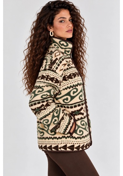 Mevese Esenli Dik Yaka Cepli Biyeli Kadın Polar Sweatshirt - Krem-yeşil