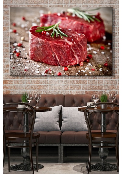 Yatay Tekli Kanvas Duvar Tablosu Modern Lokanta Kafe Restoran Mutfak Baharat Çiğ Biftek Et Steaks