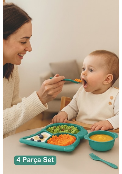 Dino Mama Seti - Tabak Çerezlik Ve Çatal Kaşık - Bebek Yemek Kabı - Dinozor Çocuk Tabak Seti Mavi