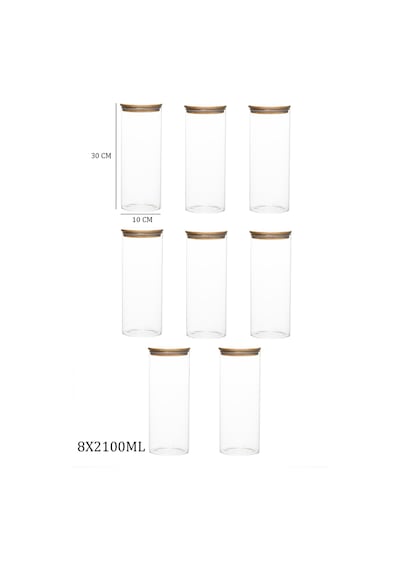 Porsima 4-4 Bambu Borosilikat Vakumlu Kapaklı Yuvarlak Cam 8li Kavanoz Seti Saklama Kabı 2100ml 10x30cm