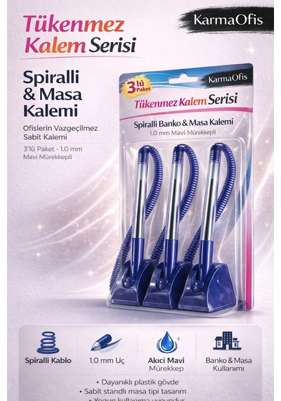 Spiralli Banko & Masa Kalemi 1.0 Mm Mavi Mürekkepli Sabit Standlı Ofis Kalemi 3 Adet Mavi 3