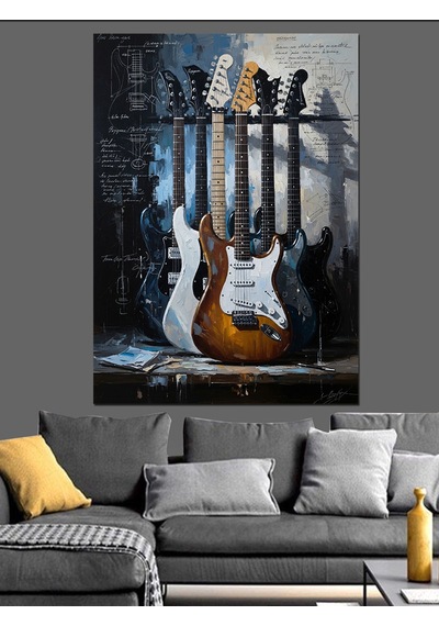 Ahşap Tablo Duvara Yaslanmış Dörtlü Gitar Seti