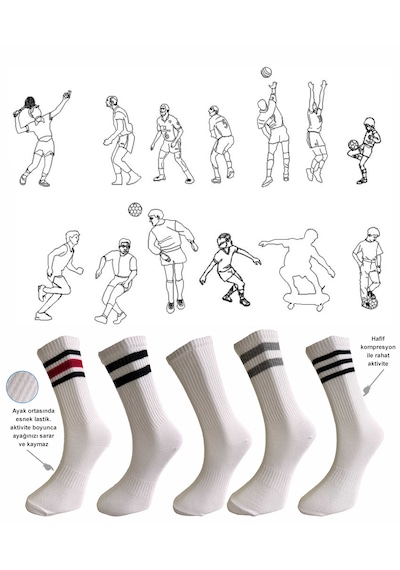 Silk Step 5'li Paket Erkek Spor Çorabı Beyaz Zemin Üzerine, 5 Farklı Çember Detaylı Beyaz