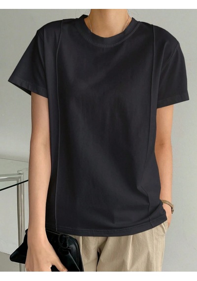 Kadın Kısa Kollu Çizgi Detaylı Basic Tişört Süprem Kumaş Yazlık Rahat T-shirt Siyah