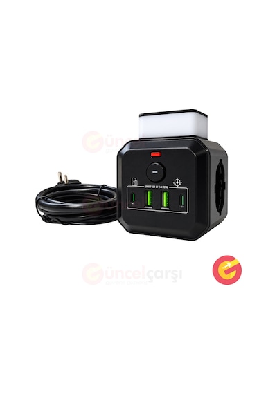 Güncelçarşı 3'lü Akım Korumalı Küp Priz 2 Metre Kablolu 2200w 1050j 2 Usb 2 Type-c Girişli Gece Lambalı Açma Kapama Düğmeli Çoklu Priz 0 - 2 M